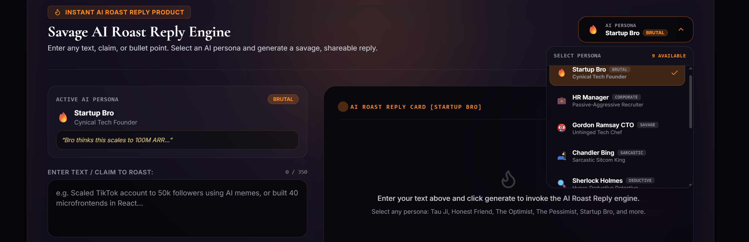 Savage AI Roast Reply Engine with Humor Personas